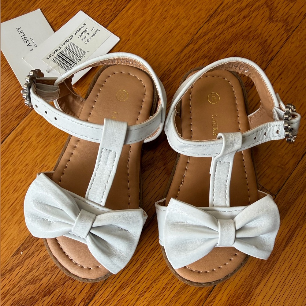 Laura Ashley White Bow T-Strap Sandals for Baby Girls